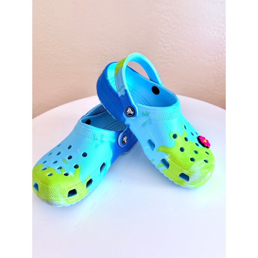Crocs Classic Clogs Womens Size 7 Blue Green Marble Tie Dye Excellent Jibbitz
